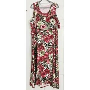 Denim & Co. Dress Size 2X Red Floral Tropical Green Maxi Beach Vacation Resort